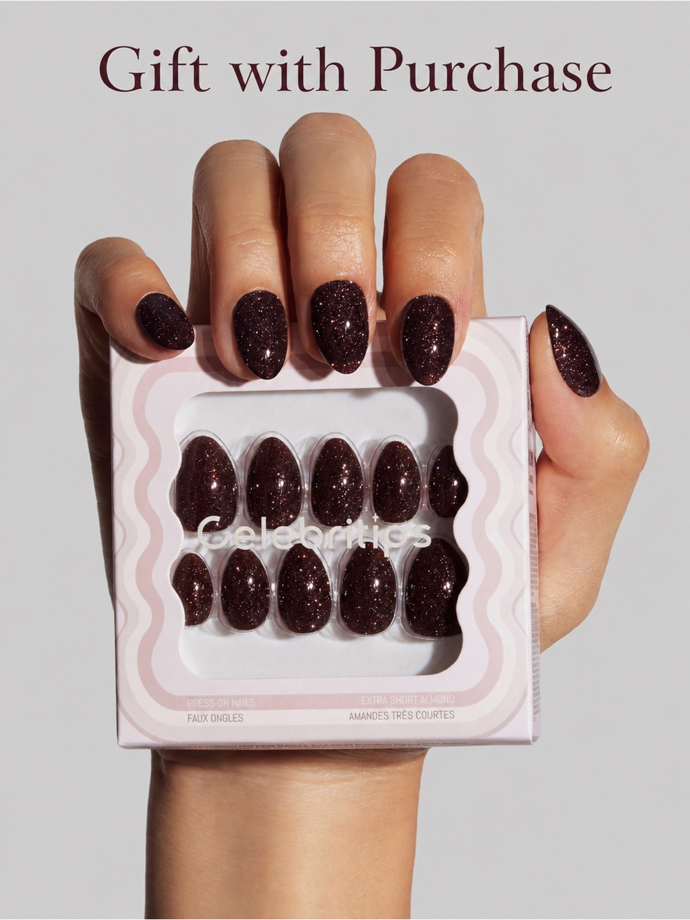 New in box Celebritips Black Honey Crystal press-on nails in Short Almond
